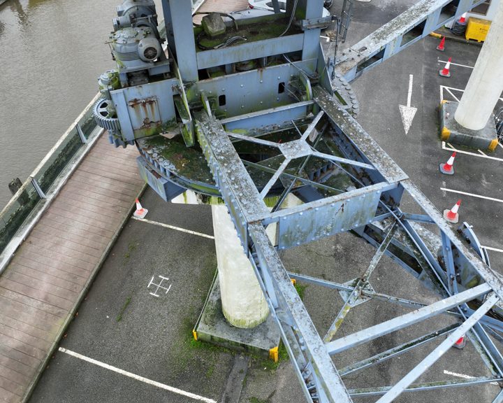 Aerial view of the full lattice framework of the old ship-loading crane on Waterford City docks