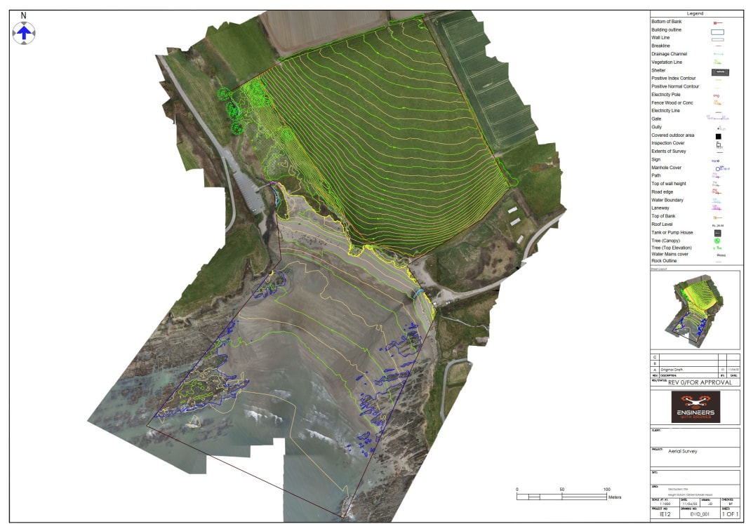 One of the deliverables of this project: A PDF summary showing the Orthophoto along with the CAD vectorised data including items like hard surfaces and contour lines.