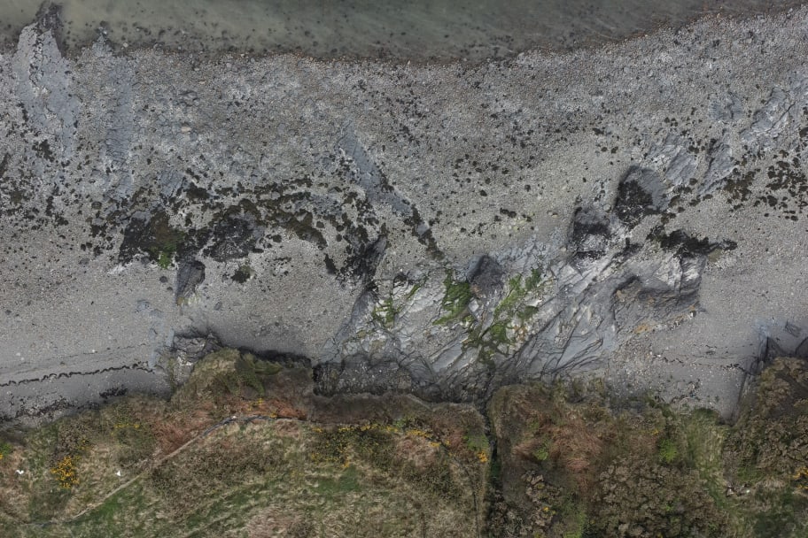 A typical image from the drone on this project showing a rocky coastal area adjoining some scrubland.