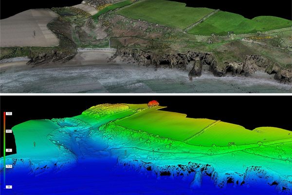 A LiDAR point cloud of a coastal landscape showing true-colour RGB visualisation alongside an elevation heatmap