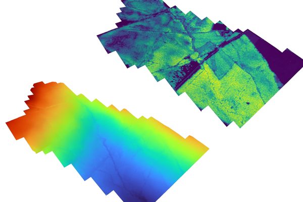 A side-by-side LiDAR comparison showing a digital surface model above and a bare-earth digital terrain model below