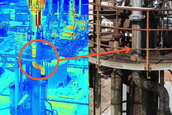 Side-by-side thermal and visual comparison of a flare stack