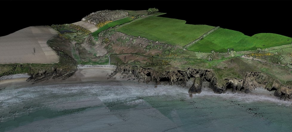 A colourised LIDAR point cloud of a coastal site showing the detail of the topography