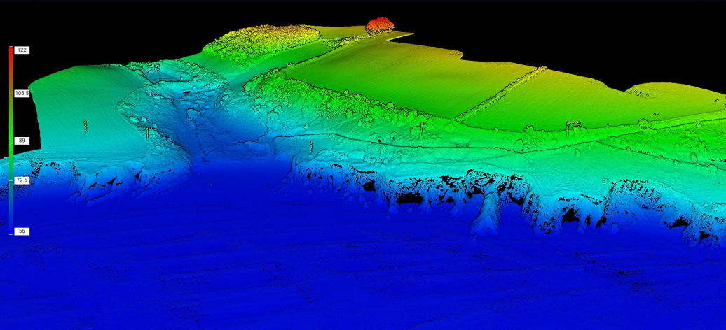 A LIDAR point cloud of a coastal site showing the differences in elevation of the land