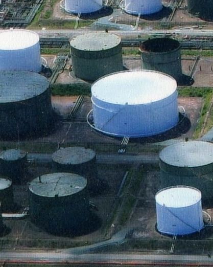 An aerial image of an oil refinery taken with a drone conducting a flare stack inspection