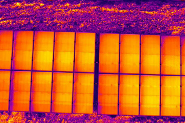 A thermal image of solar panels on a solar farm