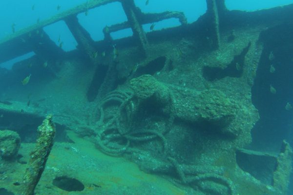 A submerged structure recorded by ROV in low-visibility water
